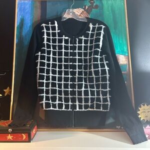 Michael Kors Black and White Grid Fuzzy Blazer Small